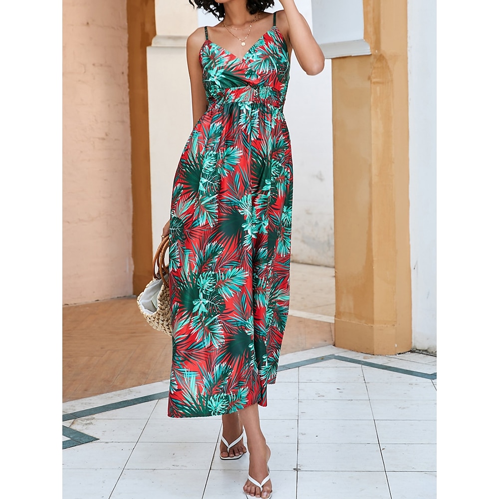 Damen Casual kleid skims dress Stilvoll Brautkleider schlicht Blumen Blatt Maxidress Ärmellos Gurt Rückenfrei Bedruckt Regular Fit Urlaub Täglich Rote Grün Sommer Lightinthebox