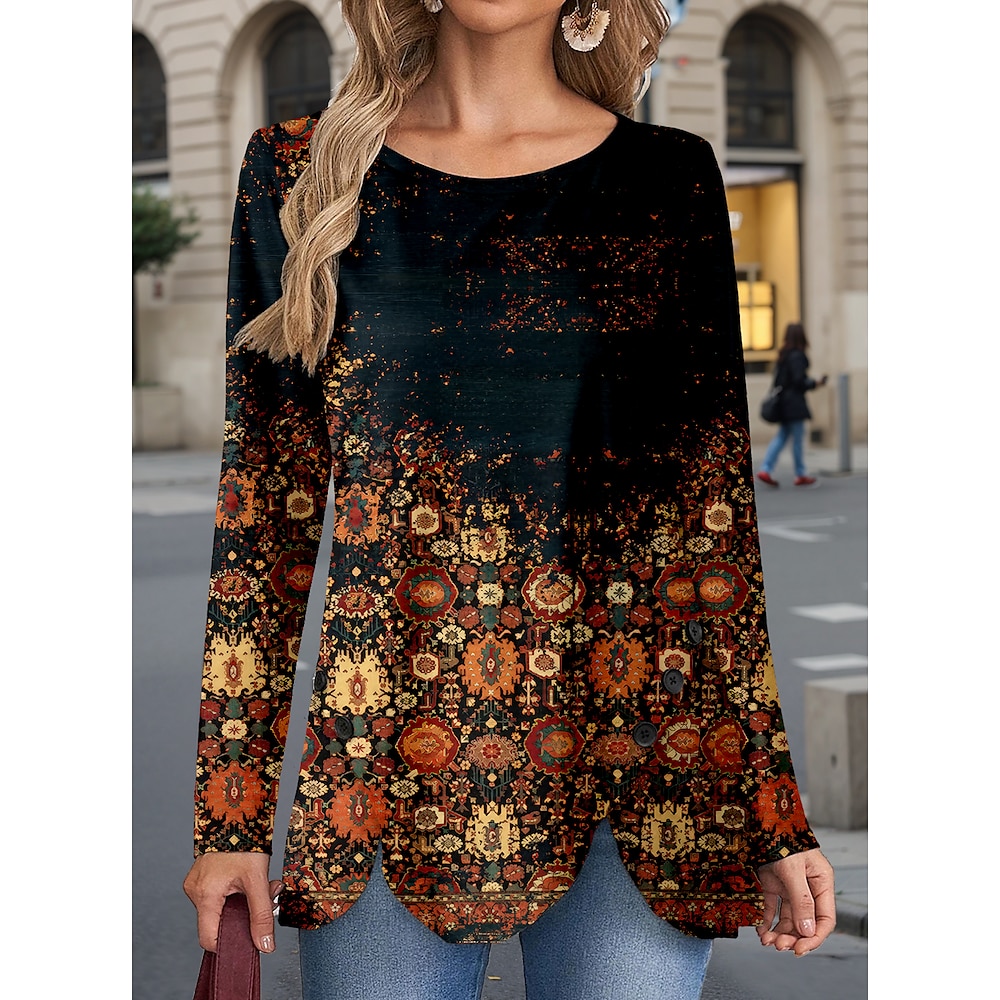 Damen T Shirt Vintage Brautkleider schlicht Stammes Normale Oberteile Langarm Rundhalsausschnitt Knopf Bedruckt Asymmetrisch Regular Fit Täglich Braun Frühling Herbst Lightinthebox