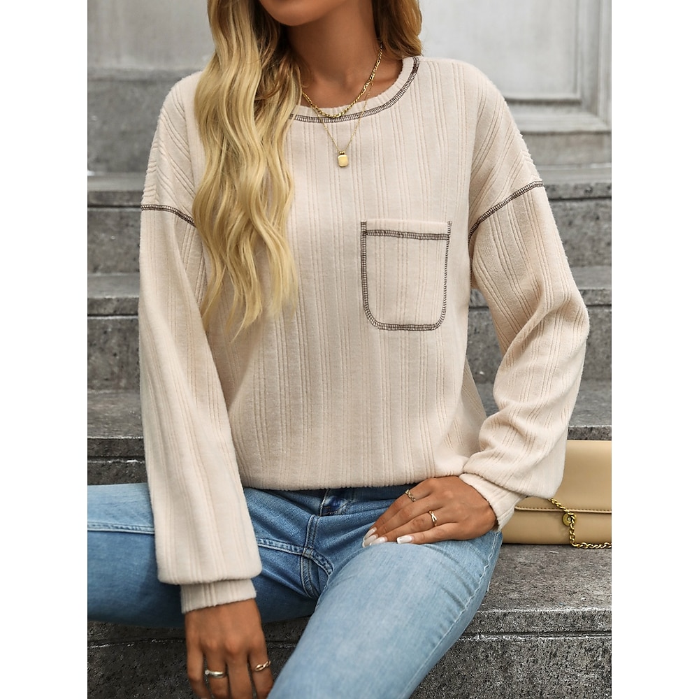 Damen T Shirt Modisch Modern Brautkleider schlicht Glatt Normale Oberteile Langarm Rundhalsausschnitt Tasche Regular Fit Täglich Wochenende Beige Grau Sommer Frühling Lightinthebox