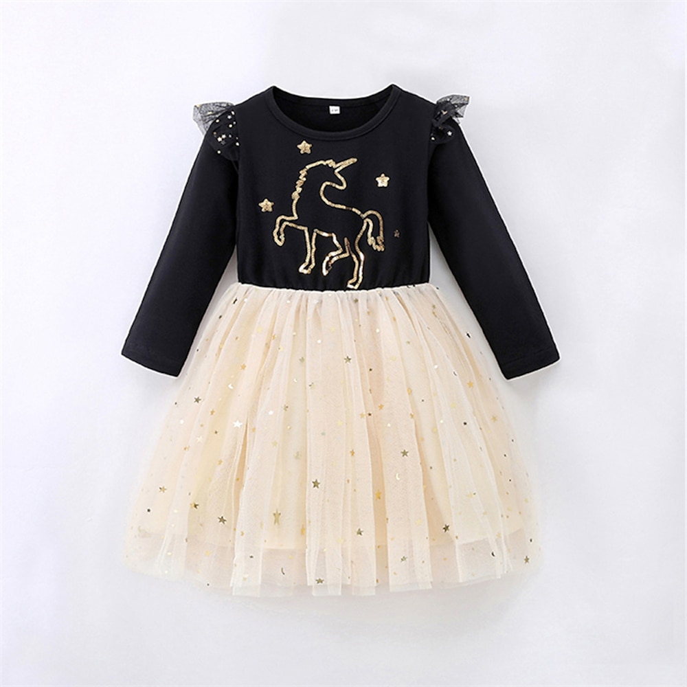 kinderkleidung Mädchen Kleid Einhorn Langarm Outdoor Casual Rüsche Modisch bezaubernd Polyester Übers Knie Casual kleid A Linie Kleid Tüll-Kleid Sommer Frühling 4 Jahre Schwarz Lightinthebox