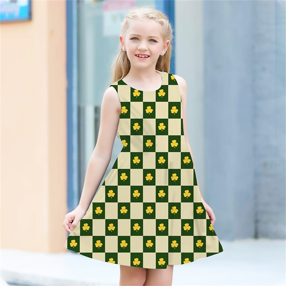 St. Patrick Mädchen' 3D Graphic Vierblättriges Kleeblatt Kleid Ärmellos Sommer Frühling Urlaub Täglich Festtage Prinzessin Schön Süß kinderkleidung 4-12 Jahre Casual kleid A Linie Kleid Knielang Lightinthebox