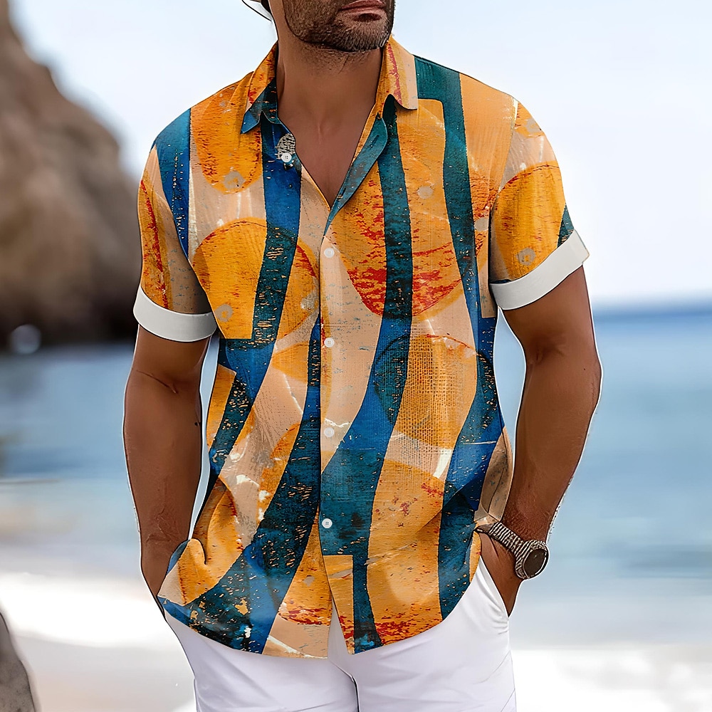 Herren Geometrische Muster Hawaiihemd Sommerhemd Knopfhemd Aloha-Shirt Kurzarm Hawaiianisch Urlaub Sommer Umlegekragen Knopf hoch Orange Lightinthebox