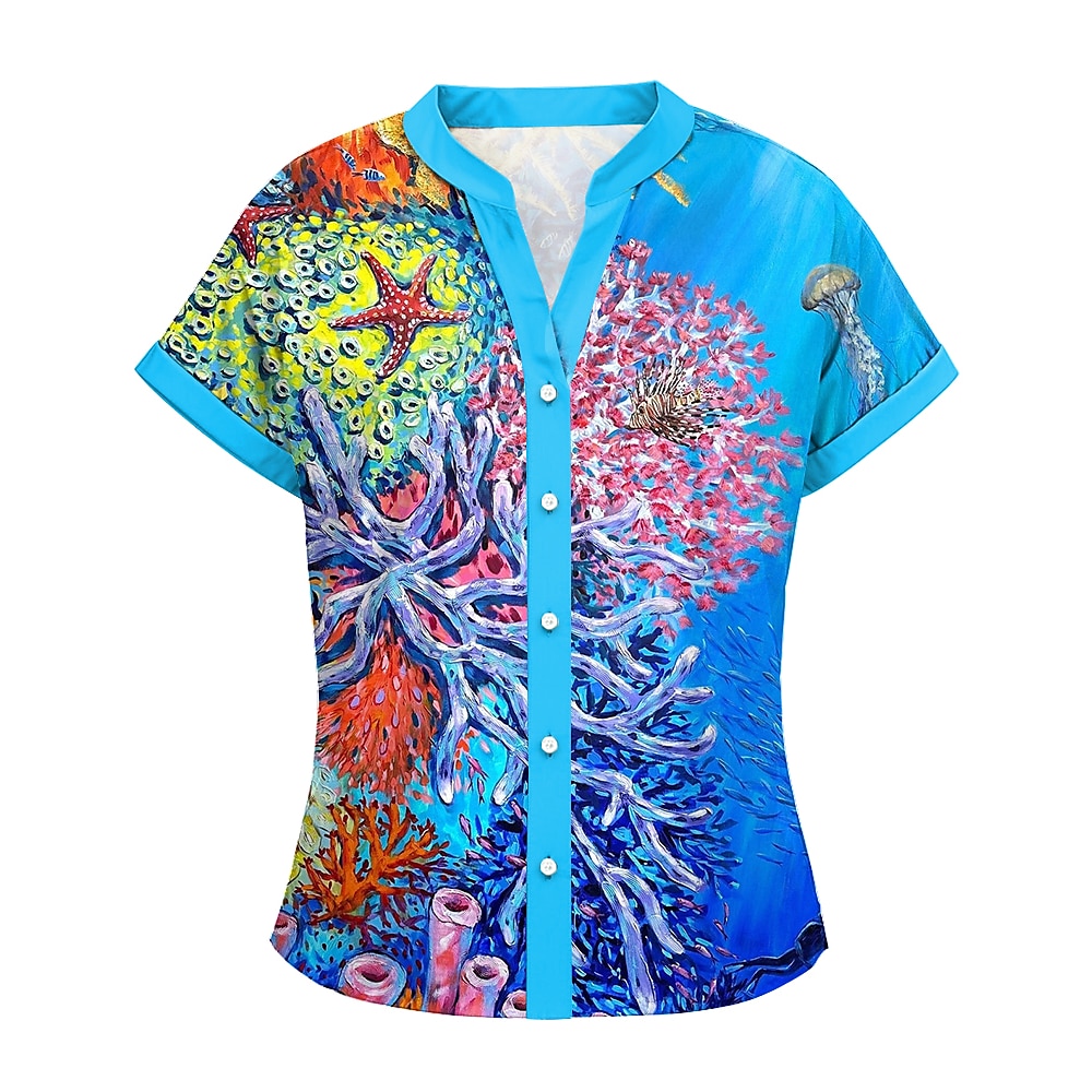 Damen Bluse Stilvoll Strand Design Graphic Normale Oberteile Kurzarm Hemdkragen Knopf Bedruckt Formschluss Täglich Blau Frühling Herbst Lightinthebox