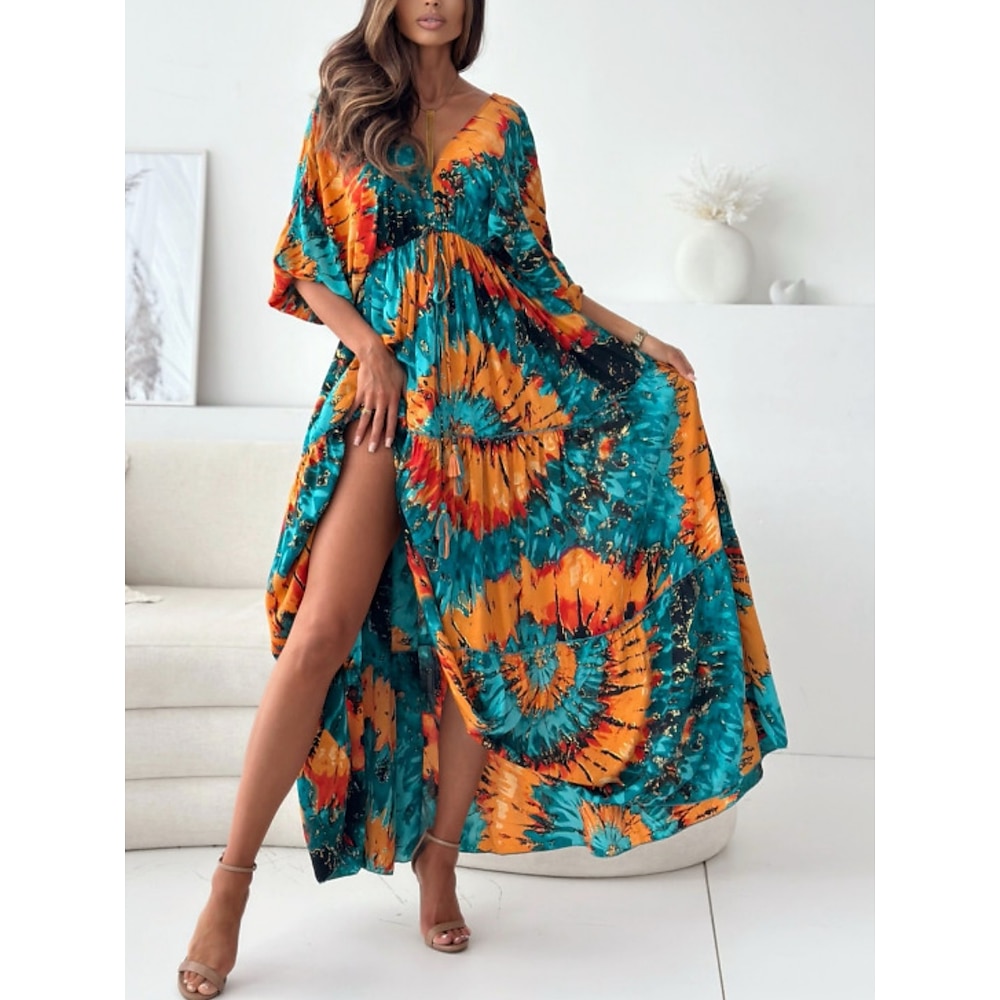 Damen Casual kleid Schaukelkleid Boho Chic Kleider Böhmen Brautkleider schlicht Boho Blumen Batik Maxidress 3/4 Ärmel V Ausschnitt Bedruckt Lockere Passform Urlaub Täglich Violett Grün Sommer Frühling Lightinthebox