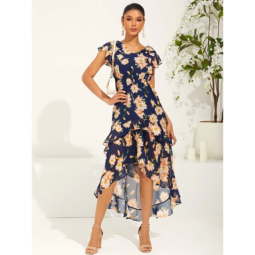 Damen Normal Vintage-Kleid Elegant Stilvoll Blumen Graphic Maxidress Ärmellos Schmetterling V Ausschnitt Rüsche Regular Fit seidigDressesTäglich Verabredung Dunkelblau Sommer Lightinthebox