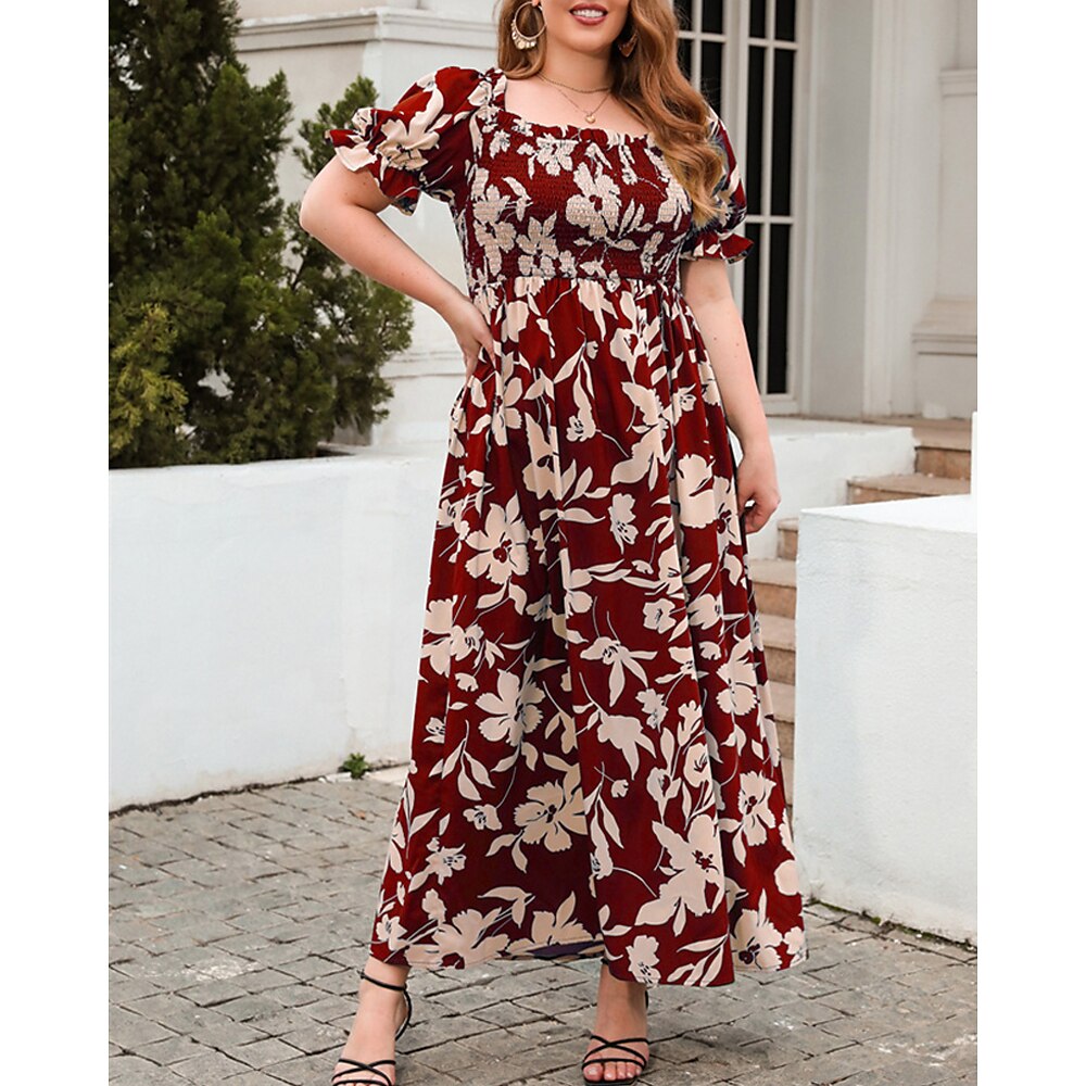 Damen Casual kleid A Linie Kleid Blumenkleid Sommerkleid Elegant Stilvoll Blumen kleid lang Kurzarm Quadratischer Ausschnitt Regular Fit Urlaub Täglich Verabredung Schwarz Rote Blau Grün Sommer Lightinthebox