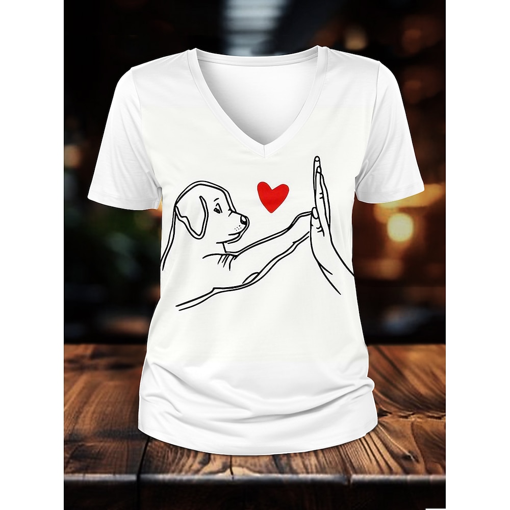 Damen T Shirt Brautkleider schlicht Valentinstag Hund Normale Oberteile Kurzarm V Ausschnitt Bedruckt Regular Fit Täglich Weiß Sommer Lightinthebox