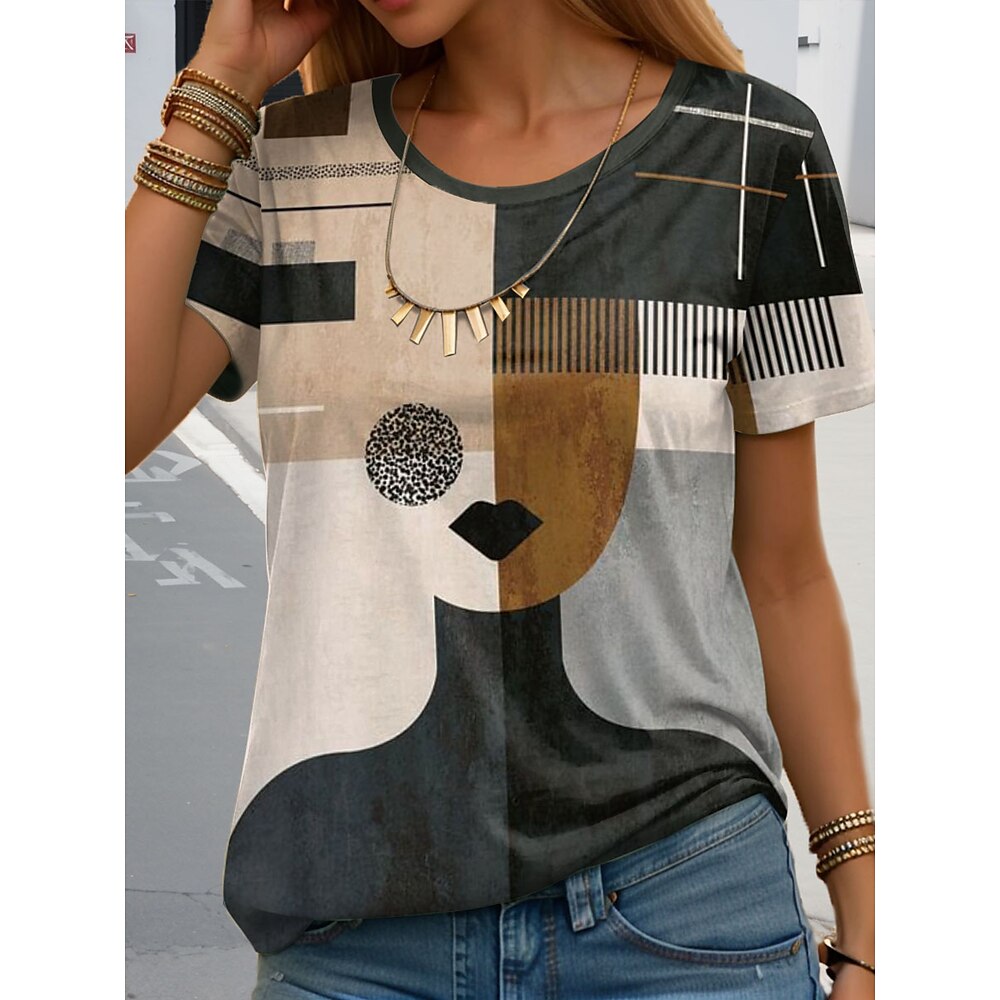 Damen T Shirt Brautkleider schlicht Geometrisch Farbblock Normale Oberteile Kurzarm Rundhalsausschnitt Bedruckt Regular Fit Täglich Khaki Sommer Lightinthebox