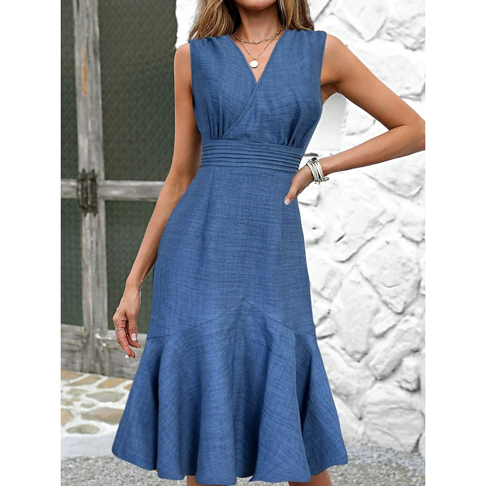 Damen Arbeitskleid Etuikleid elegant Büro Alltag langes Kleid Maxikleid Patchwork Reißverschluss V-Ausschnitt ärmellos einfarbig Regular Fit blau Sommer Frühling S M L XL Lightinthebox