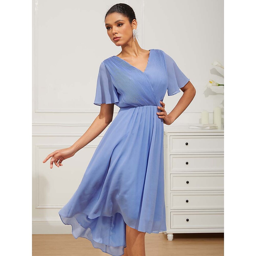 Damen Chiffon-Kleid Elegant Ausgefallene Midikleid Kurzarm Flattrige Ärmel V Ausschnitt Rüschen Layer-Look Meerjungfrauen-Saum Regular Fit ChiffonDresseskleid hochzeitsgast Cocktailparty Blau Sommer Lightinthebox