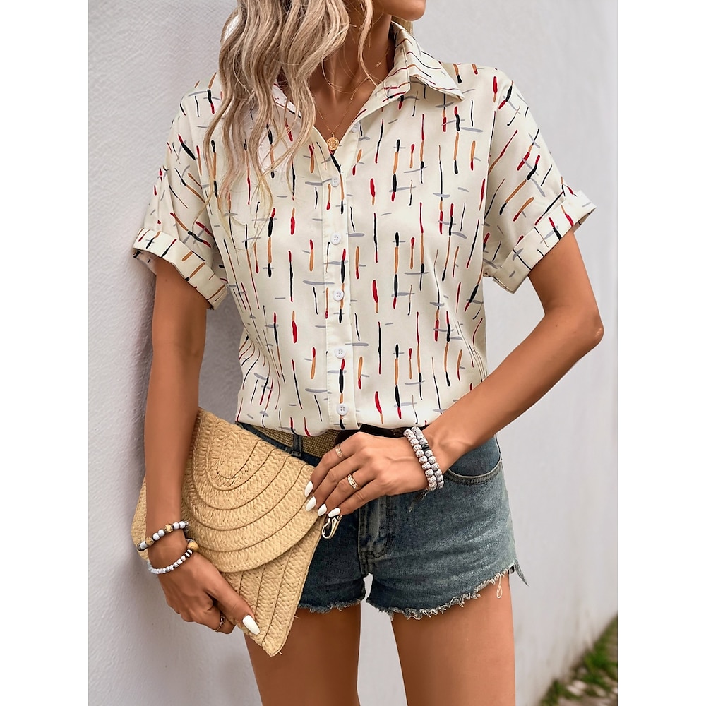 Damen Hemd Bluse Stilvoll Brautkleider schlicht Geometrisch Normale Oberteile Kurzarm Hemdkragen Knopf Bedruckt Regular Fit Täglich Weiß Sommer Lightinthebox