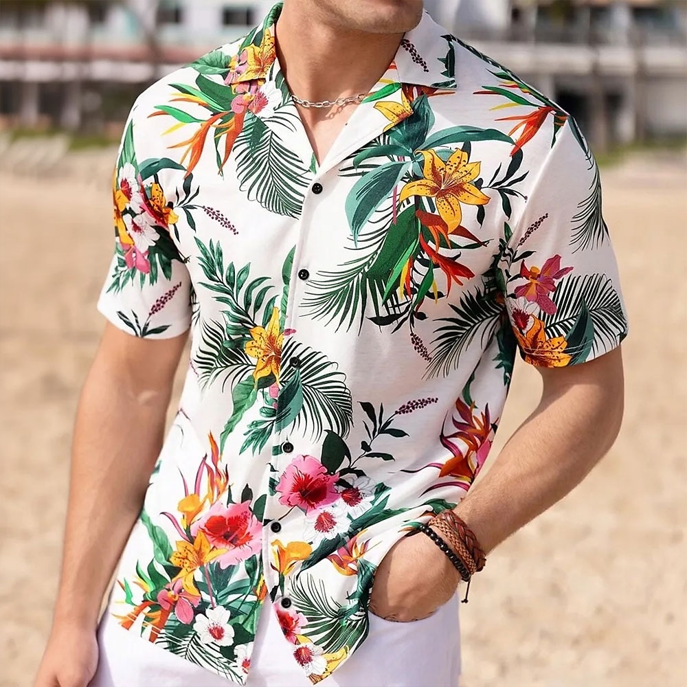 Herren Blumen / Blumen Tropische Pflanzen Hawaiihemd Sommerhemd Camp-Shirt Aloha-Shirt Kurzarm Hawaiianisch Resort Urlaub Festtage Strandbekleidung Sommer Frühling Kubanisches Halsband 3D-Druck Weiß Lightinthebox