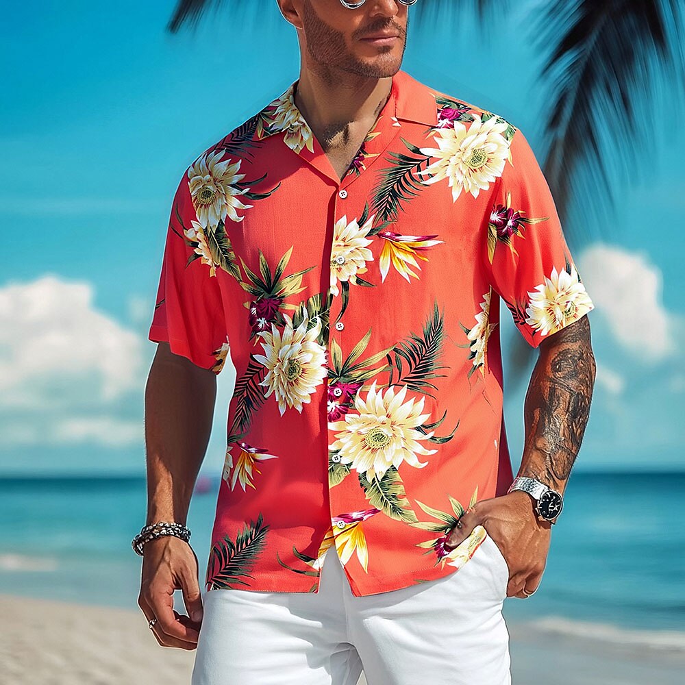 Herren Blumen Hawaiihemd Sommerhemd Knopfhemd Aloha-Shirt Kurzarm Hawaiianisch Resort Urlaub Festtage Strandbekleidung Sommer Frühling Umlegekragen 3D-Druck Hemden mit Kragen Rote Lightinthebox