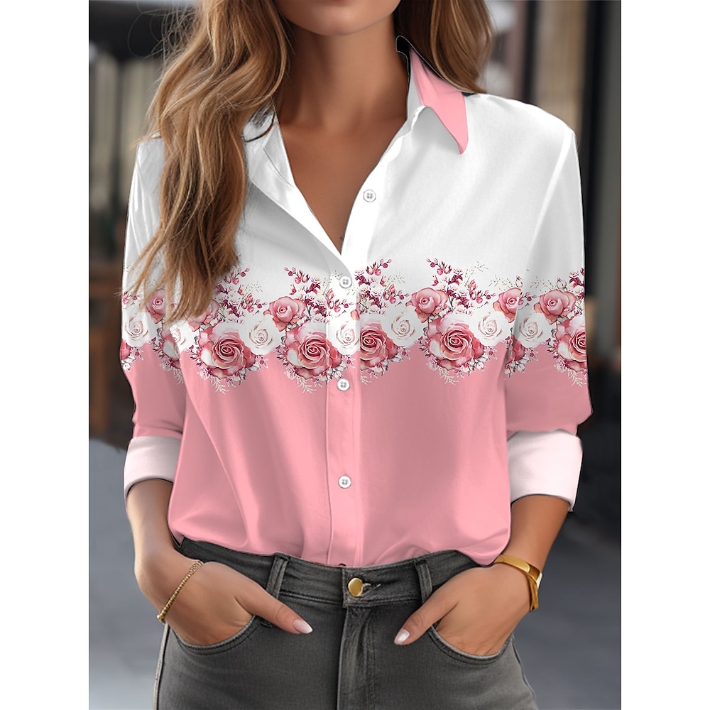 Damen Hemd Brautkleider schlicht Blumen Normale Oberteile Langarm Hemdkragen Knopf Bedruckt Regular Fit Arbeit Täglich Rosa Frühling Herbst Winter Lightinthebox