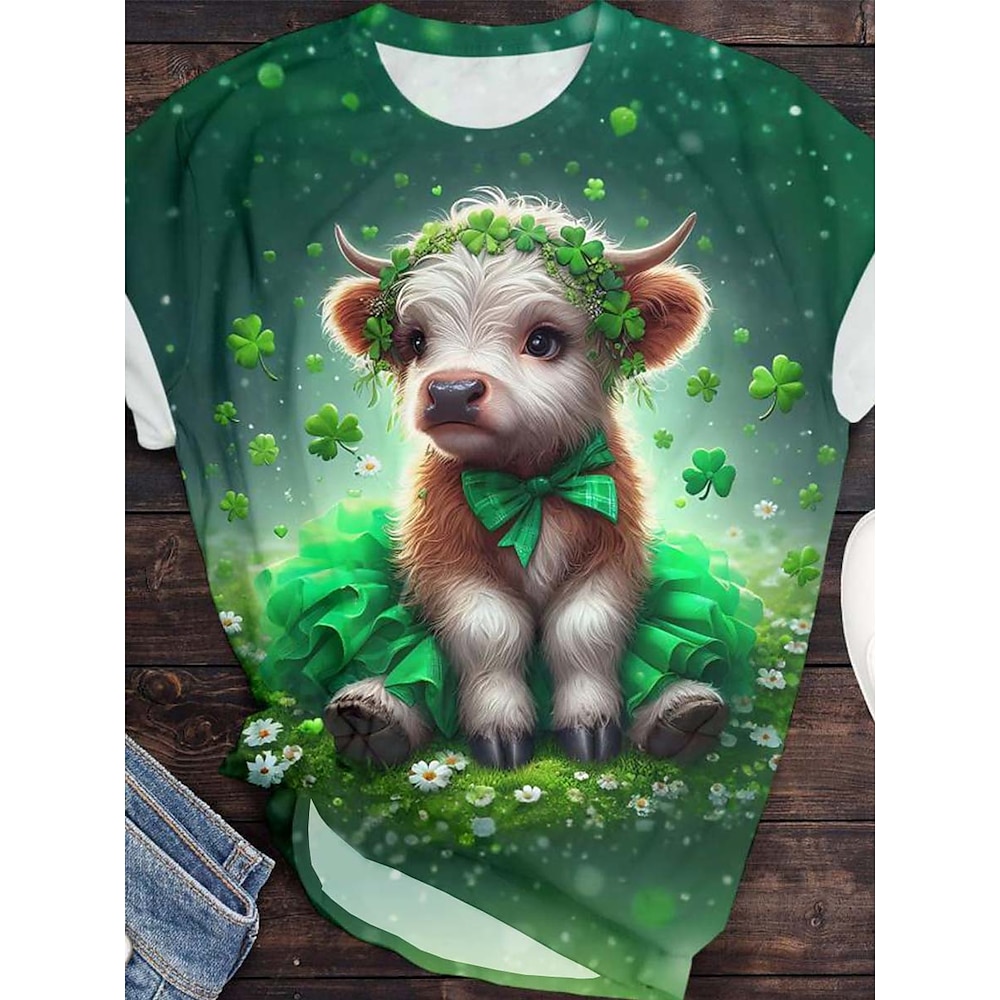 Damen T Shirt Brautkleider schlicht St. Patrick Tier Kuh Normale Oberteile Kurzarm Rundhalsausschnitt Bedruckt Regular Fit Täglich Grün Sommer Lightinthebox