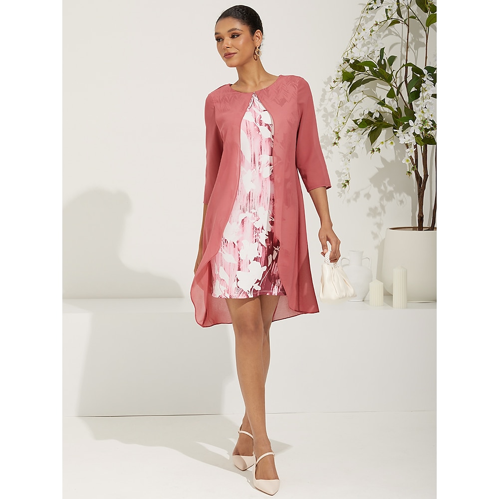 Damen Normal Langärmliges Boho-Kleid Elegant Blumen Graphic Minikleid 3/4 Ärmel Bischof Rundhalsausschnitt Lose Gestuft Lockere Passform seidigDressesArbeit Täglich Magenta Frühling Herbst Lightinthebox