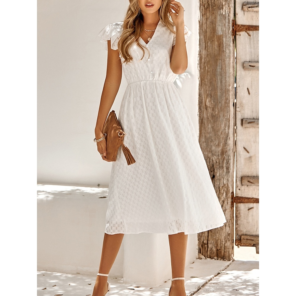 Damen Weißes Kleid Casual kleid A Linie Kleid Stilvoll Basic Brautkleider schlicht Glatt Midikleid Ärmellos V Ausschnitt Knopf Regular Fit Urlaub Täglich Weiß Grün Sommer Frühling Lightinthebox