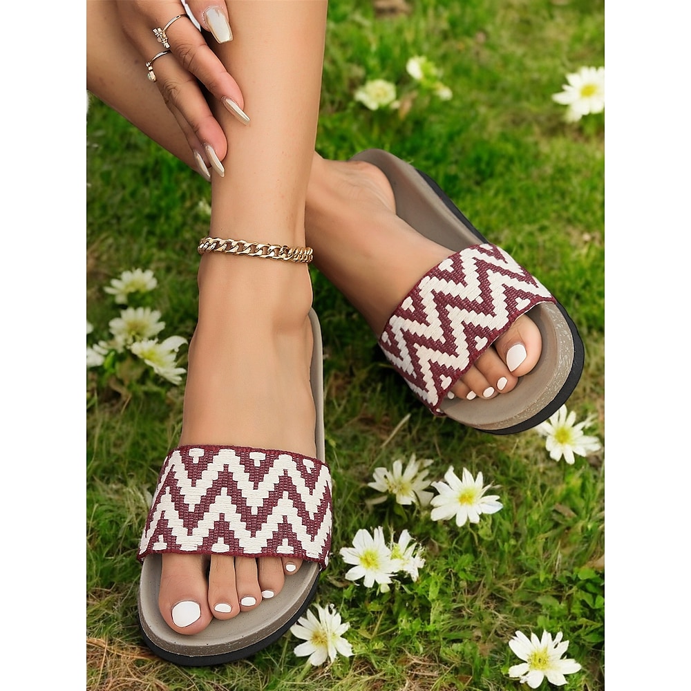 Damen-Sandalen zum Hineinschlüpfen mit gewebtem Chevron-Riemen, offenem Zehenbereich und bequemer Sohle für den Boho-Stil und die sommerliche Freizeitkleidung Lightinthebox