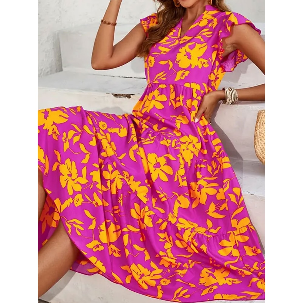 Damen Casual kleid Schaukelkleid A Linie Kleid Tank-Top Kleid Stilvoll Brautkleider schlicht Blumen Maxidress Ärmellos V Ausschnitt Rüsche Bedruckt Regular Fit Urlaub Täglich Gelb Purpur Sommer Lightinthebox