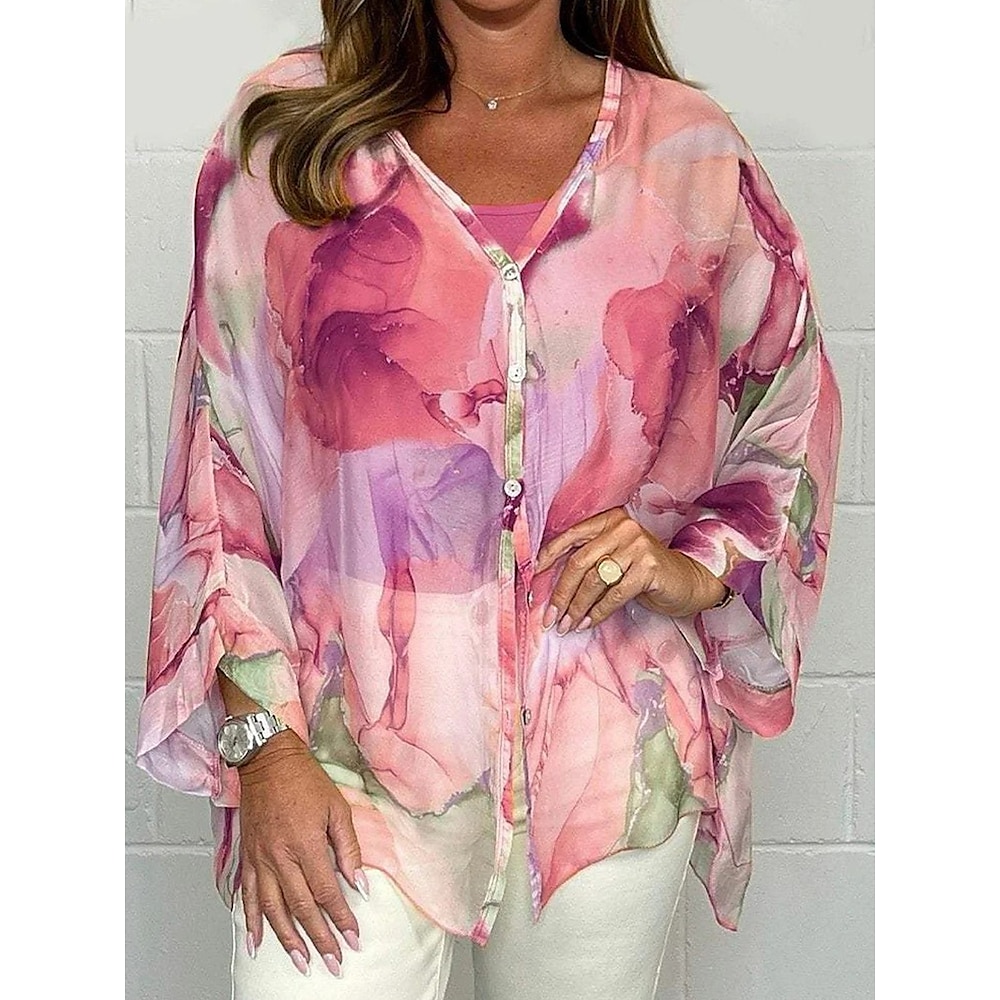 Damen Hemd Bluse Stilvoll Brautkleider schlicht Blumen Normale Oberteile Langarm V Ausschnitt Knopf Bedruckt Regular Fit Täglich Rosa Blau Orange Grün Sommer Frühling Herbst Lightinthebox