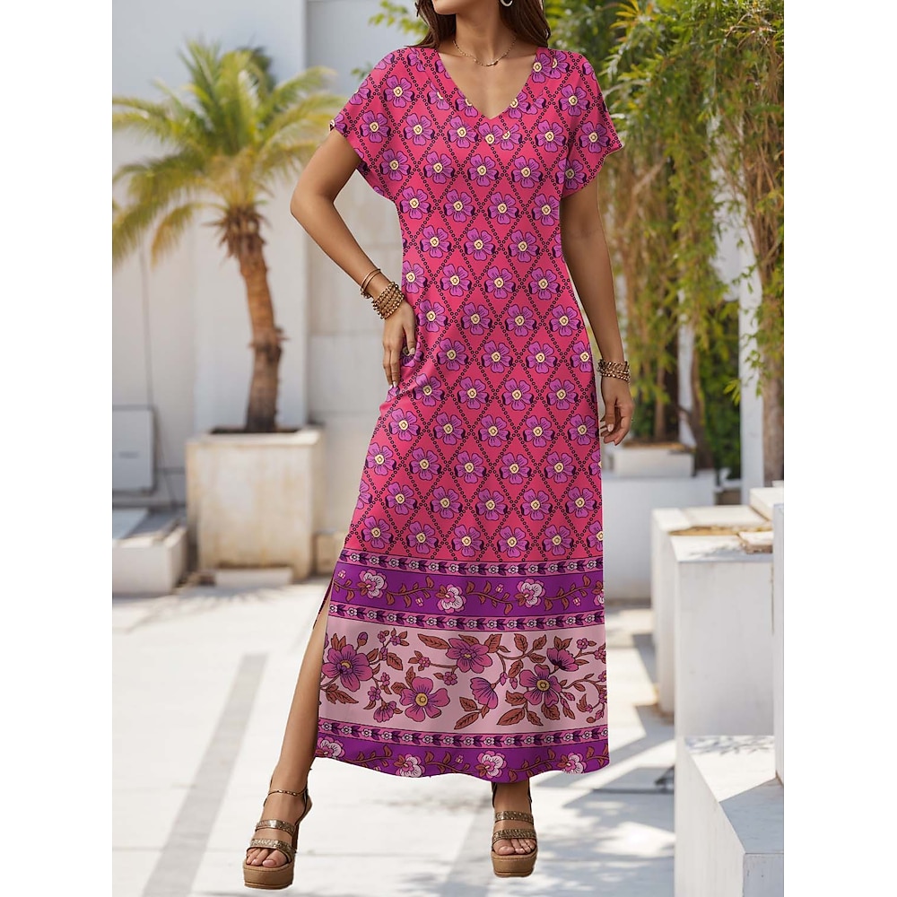 Damen Casual kleid A Linie Kleid Stilvoll Brautkleider schlicht Blumen Maxidress Kurzarm V Ausschnitt Bedruckt Regular Fit Urlaub Täglich Rote Frühling Herbst Lightinthebox