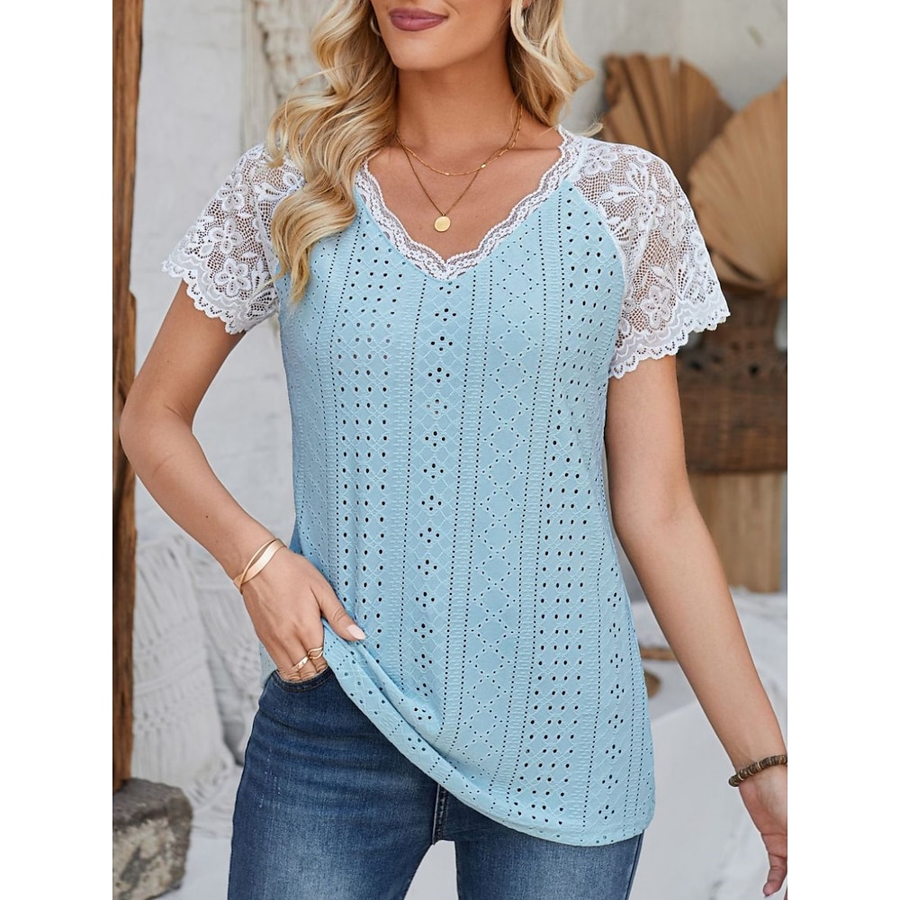 Damen T Shirt Modisch Modern Brautkleider schlicht Glatt Normale Oberteile Kurzarm V Ausschnitt Spitze Patchwork Öse Regular Fit Täglich Wochenende Weiß Blau Sommer Lightinthebox