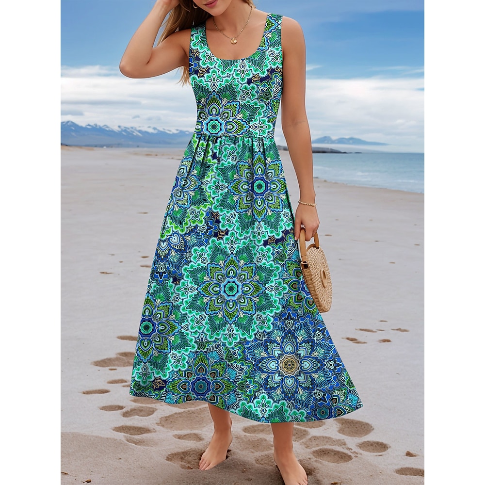 Damen Casual kleid Brautkleider schlicht Paisley-Muster Midikleid Ärmellos U-Ausschnitt Bedruckt Regular Fit Täglich Grün Sommer Lightinthebox