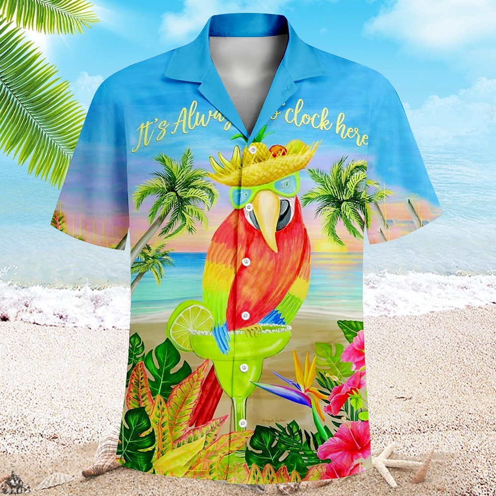 Herren Papagei Hawaiihemd Sommerhemd Aloha-Shirt Kurzarm Hawaiianisch Urlaub Sommer Kubanisches Halsband Knopf hoch Blau Lightinthebox