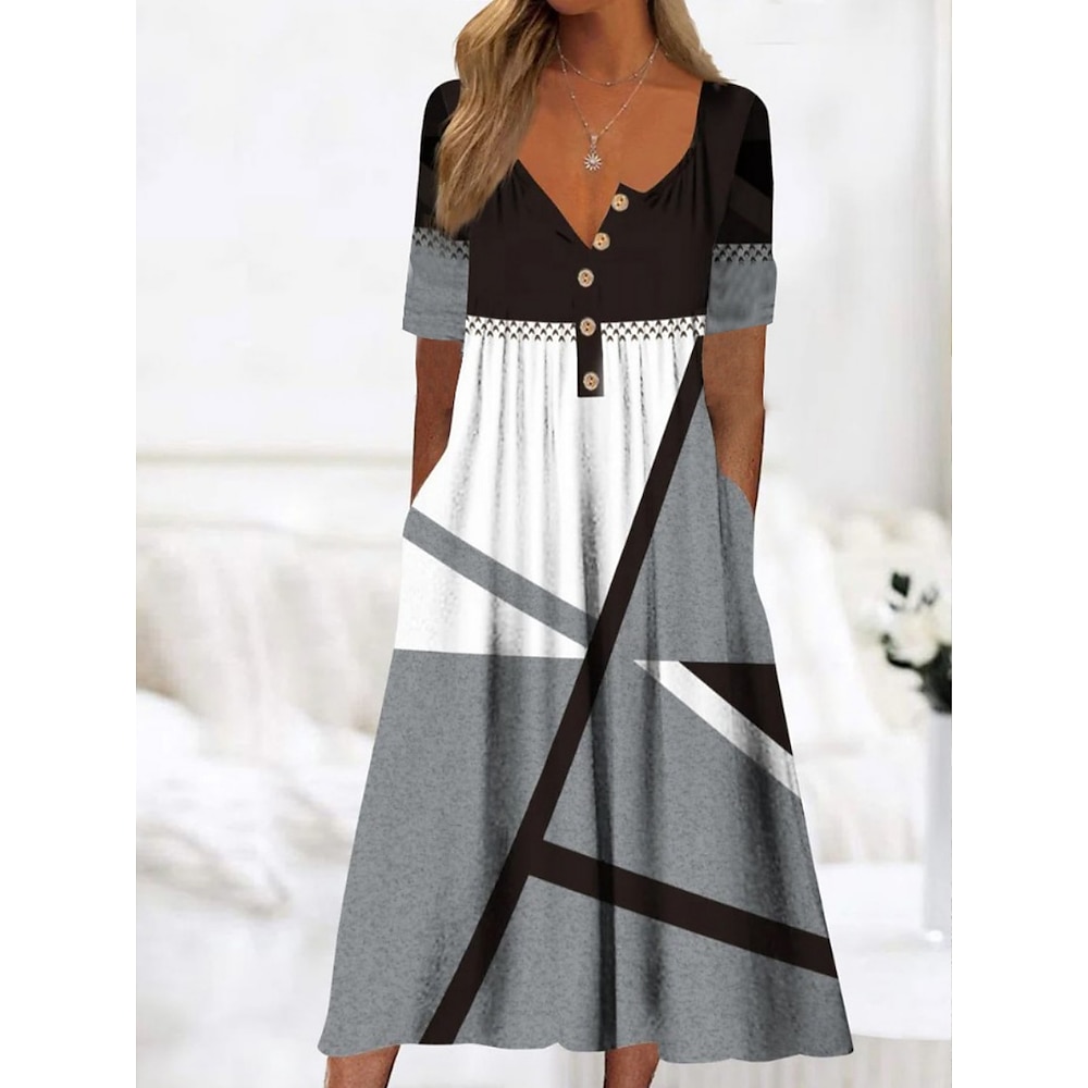 Damen Casual kleid A Linie Kleid Stilvoll Brautkleider schlicht Urlaub Täglich Regular Fit Geometrisch Langarm V Ausschnitt Weiß Blau Khaki Grau Sommer Frühling Lightinthebox