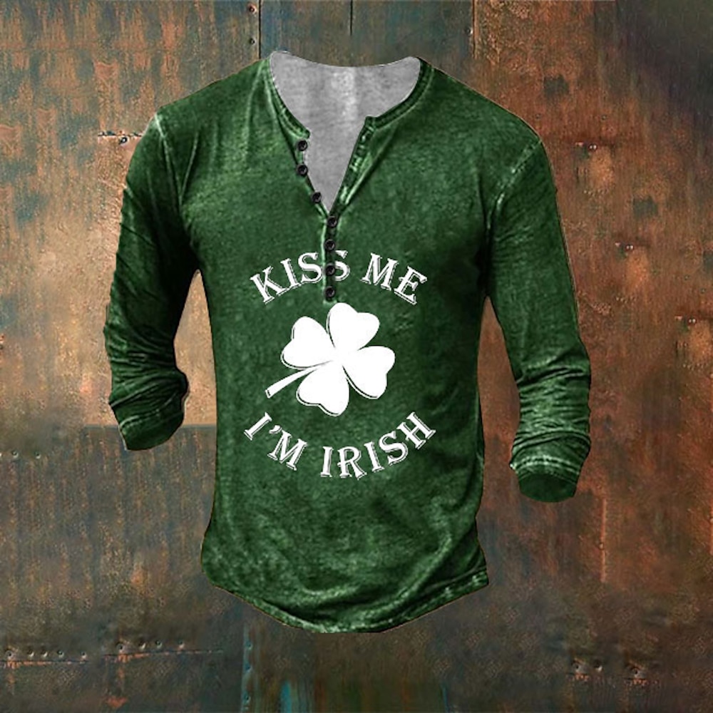 Herren St. Patrick Graphic Vierblättriges Kleeblatt Kiss Me I'm Irish T Shirt Henley Shirt Tee Langarm Vintage Designer Stilvoll Outdoor Täglich Sport Frühling Sommer Grau Schwarz Braun Grün Blau Lightinthebox