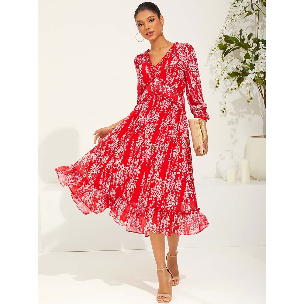 Damen Schaukelkleid Elegant Kuschelig Stilvoll Blumen Maxidress Langarm Geteilte Ärmel V Ausschnitt Gefaltet Rüsche Elastische Taille Regular Fit Chiffon DurchsichtigDressesUrlaub Rote Sommer Frühling Lightinthebox