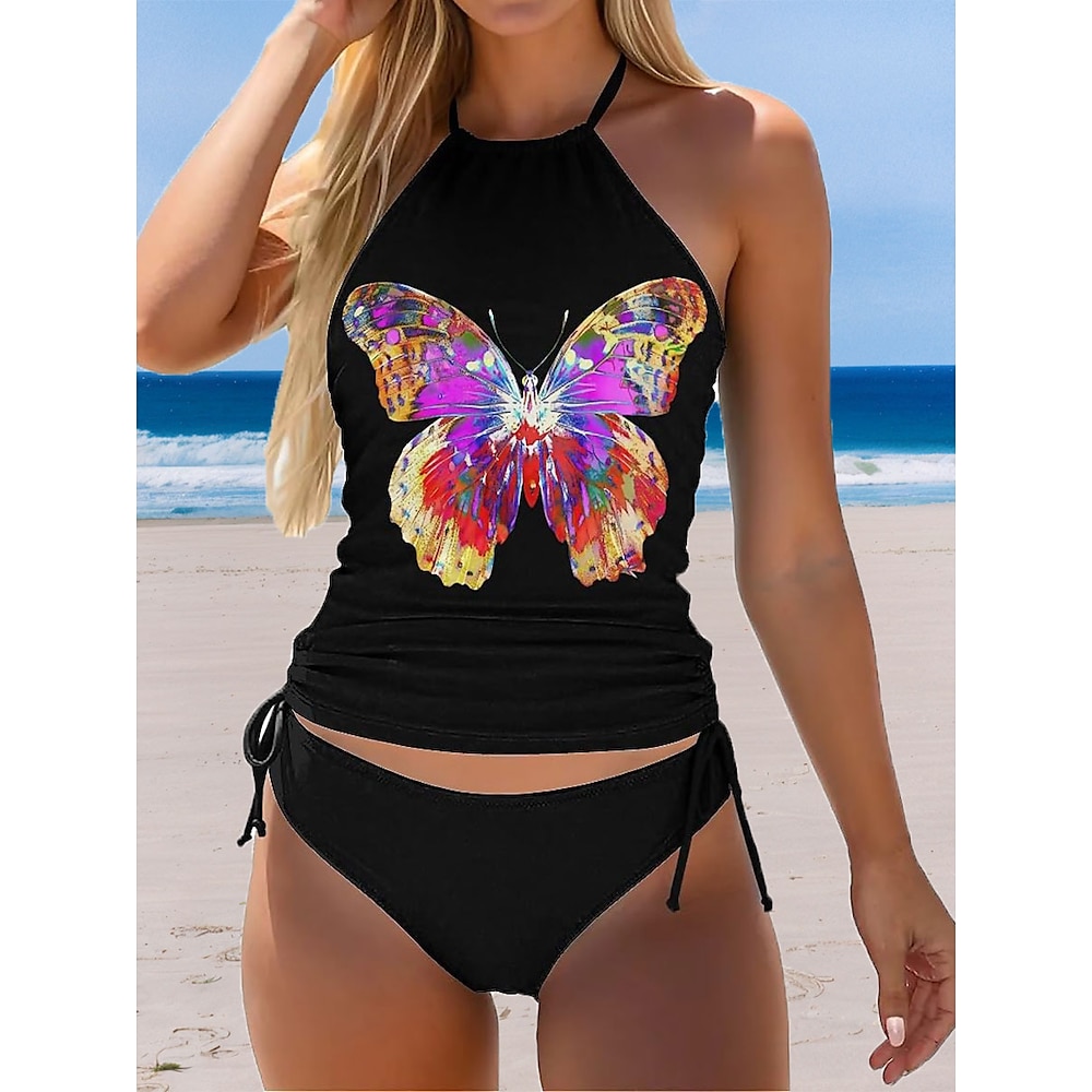 Damen Badeanzug Tankini 2 Stück Cheeky-Bikinihose Bademode Rückenfrei Urlaub Strandbekleidung Schmetterling Halfterhals Ärmellos Badeanzüge Lightinthebox