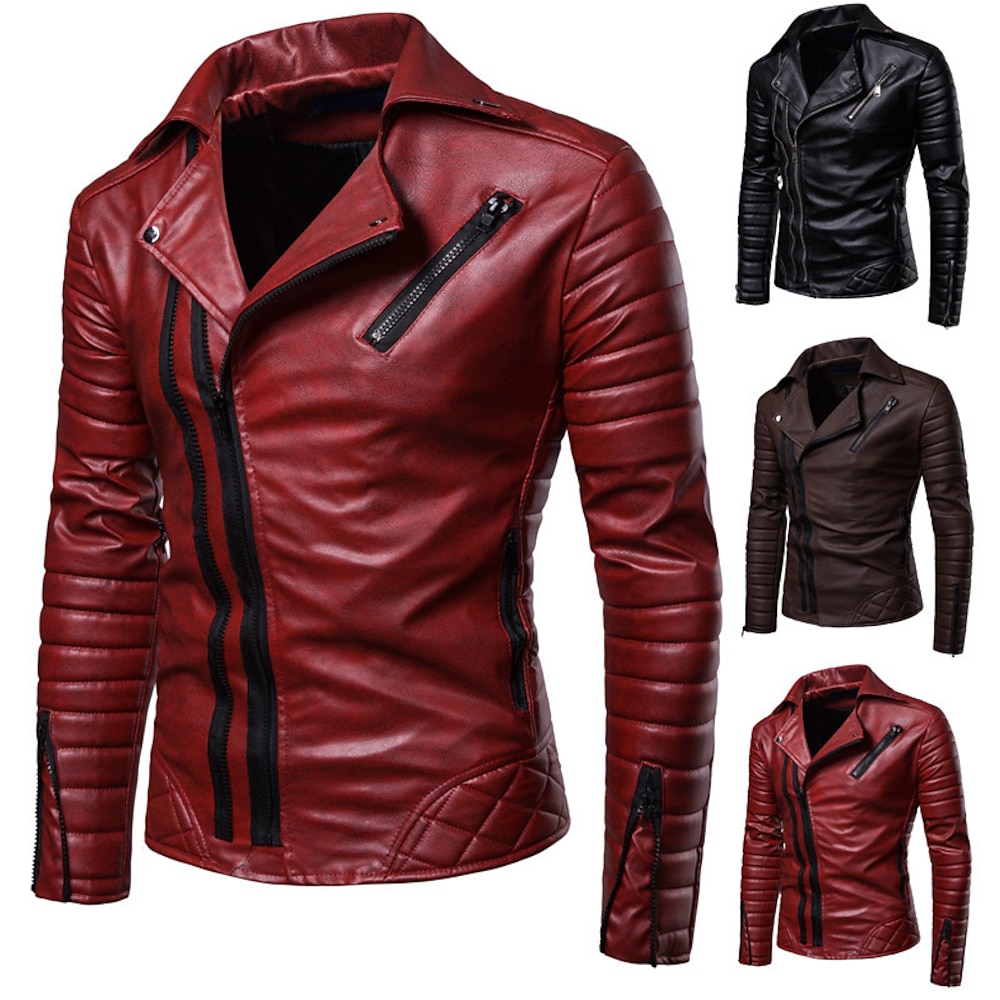 Herren Lederjacke Kunstlederjacke Motorrad Jacke Motorradjacke Urlaub Täglich Windundurchlässig warm halten Tasche Herbst Winter Glatt Modisch Klassisch Kargen Standard Schwarz Rote Kaffee Jacken Lightinthebox