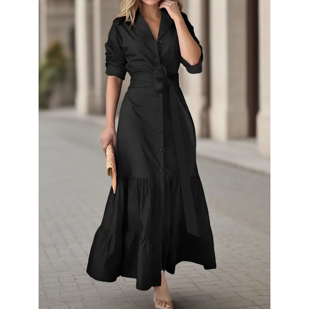 Damen blusenkleid Casual kleid A Linie Kleid Stilvoll Brautkleider schlicht Glatt Maxidress Langarm Hemdkragen Vorne binden Knopf Regular Fit Urlaub Täglich Schwarz Sommer Frühling Lightinthebox