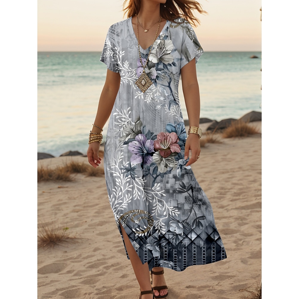 Maxikleid für Frauen lässiges Kleid Sommerkleid Shiftkleid stilvoll lässig Drop-Shoulder Urlaub täglich reguläre Passform floral kurze Ärmel V-Ausschnitt Grau Frühling Herbst Lightinthebox