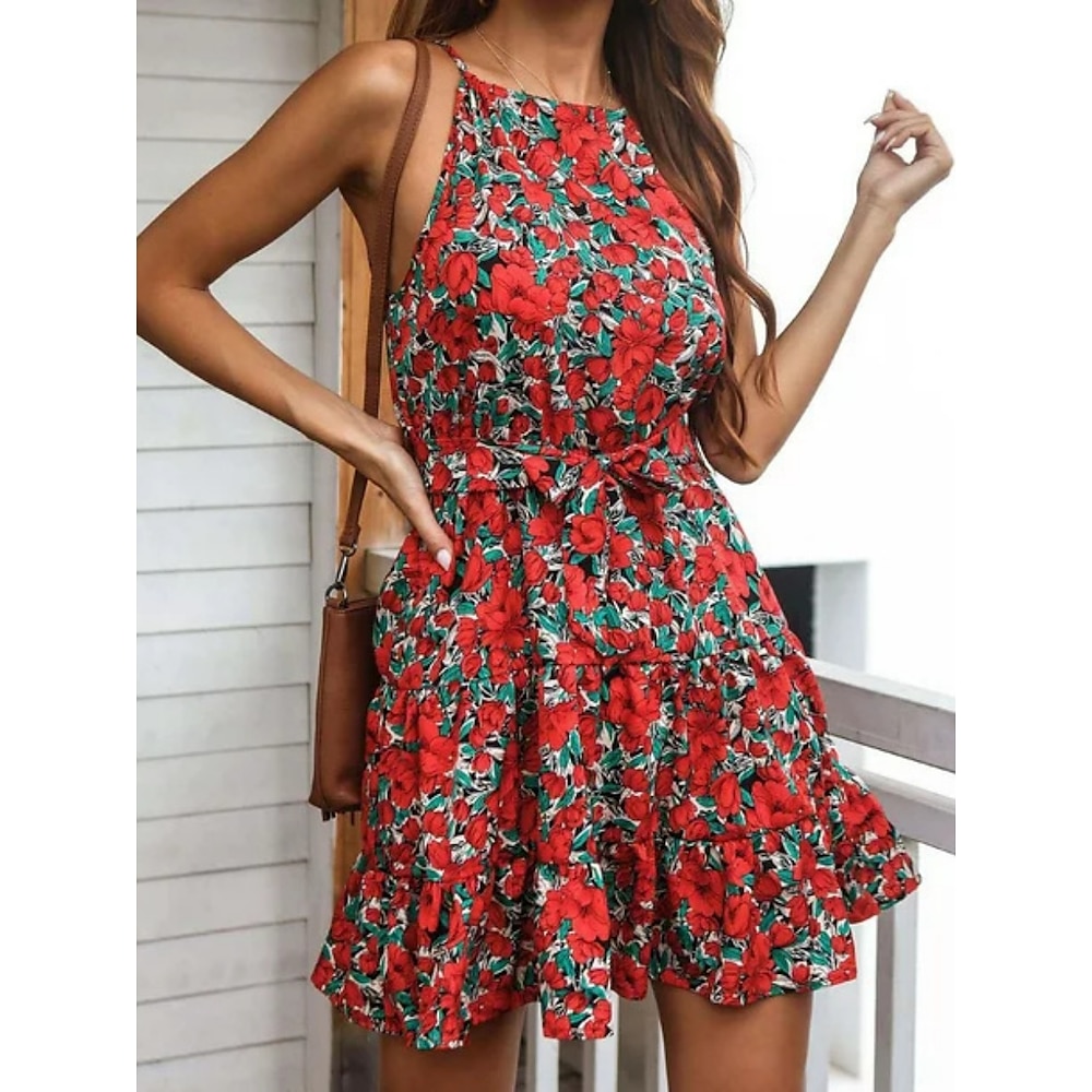 Damen Casual kleid A Linie Kleid Stilvoll Brautkleider schlicht Blumen Minikleid Ärmellos Halfterhals Vorne binden Bedruckt Regular Fit Urlaub Täglich Rote Purpur Sommer Lightinthebox