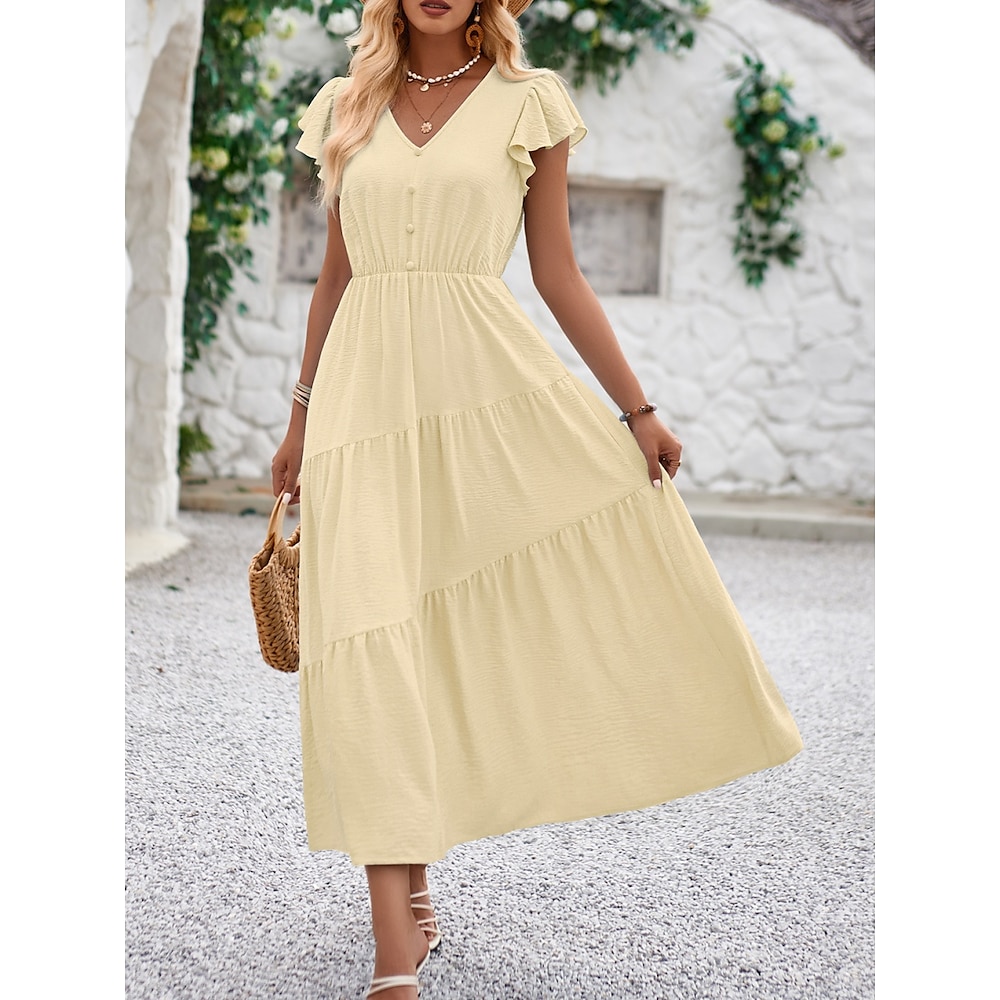 Damen Casual kleid A Linie Kleid Stilvoll Basic Brautkleider schlicht Glatt Maxidress Kurzarm V Ausschnitt Rüsche Knopf Regular Fit Urlaub Täglich Blau Aprikose Sommer Frühling Lightinthebox