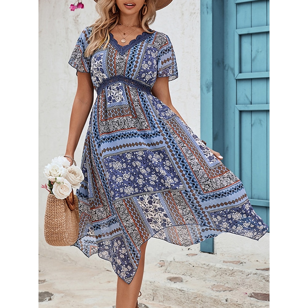 Damen Casual kleid Boho Chic Kleider Böhmen Ethnisch Brautkleider schlicht Blumen Midikleid Kurzarm V Ausschnitt Spitze Patchwork Bedruckt Lockere Passform Urlaub Täglich Blau Sommer Frühling Lightinthebox