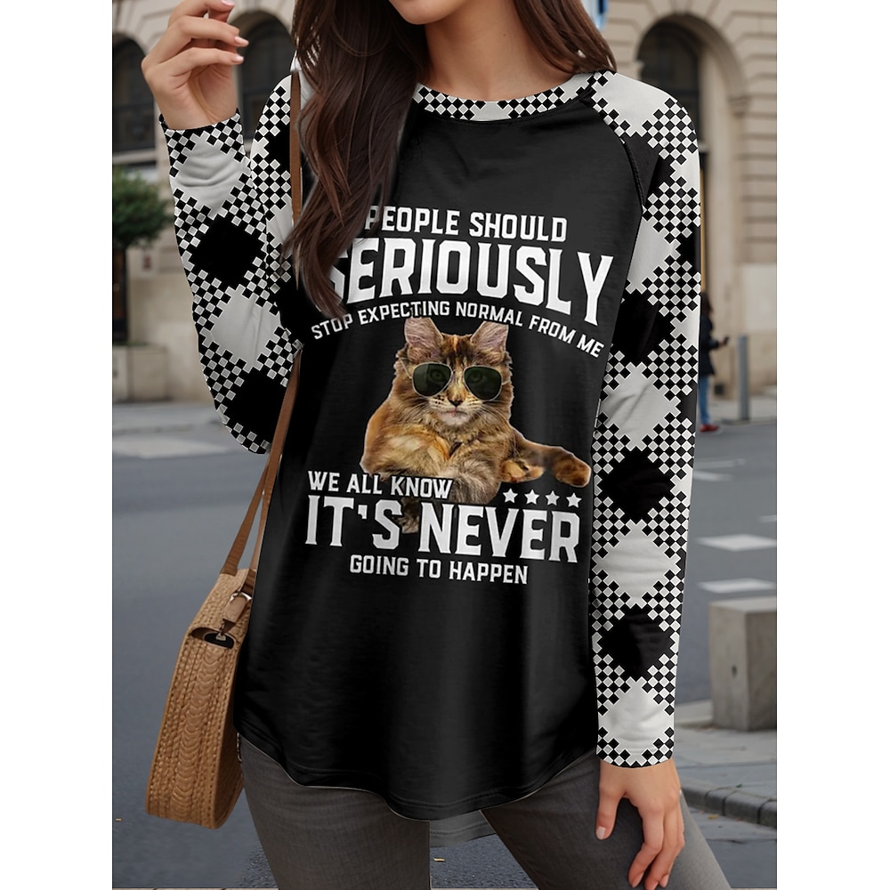 Damen T Shirt Brautkleider schlicht Katze Buchstabe Lange Oberteile Langarm Rundhalsausschnitt Bedruckt Regular Fit Täglich Schwarz Frühling Herbst Lightinthebox