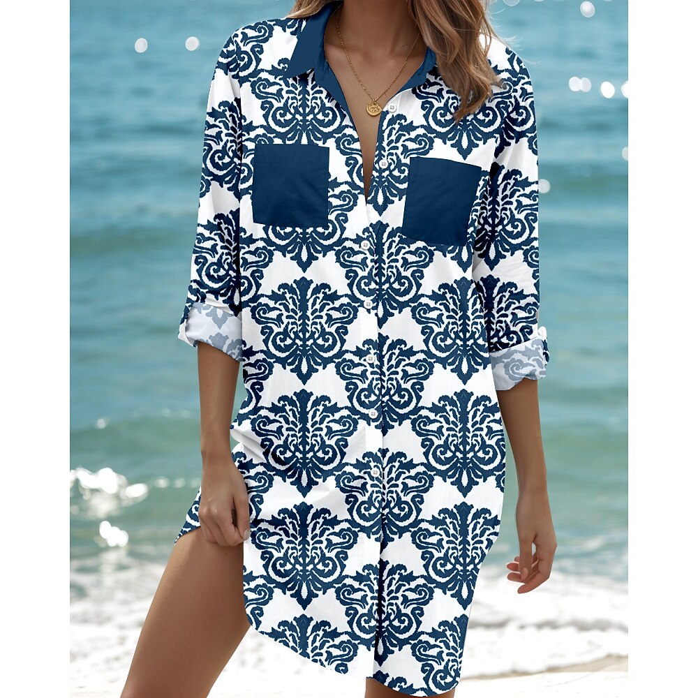 Damen Bluse Stilvoll Strand Design Graphic Lange Oberteile Langarm Hemdkragen Knopf Bedruckt Formschluss Marineblau Frühling Herbst Lightinthebox