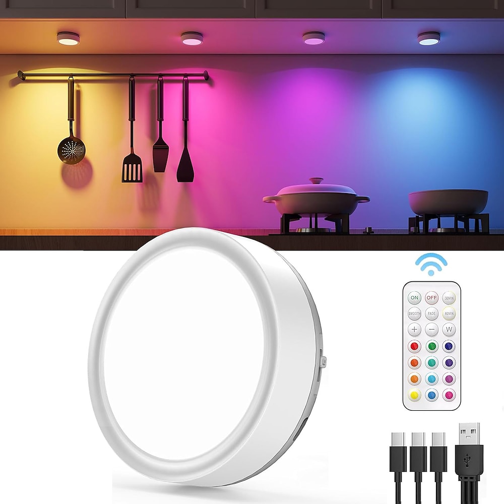 Über USB wiederaufladbares RGB-Pucklicht - Schrankleuchten mit wiederaufladbarem Akku und Fernbedienung, magnetisches aufklebbares LED-Wasserhahnlicht für Schränke und Kleiderschränke im Innenbereich Lightinthebox