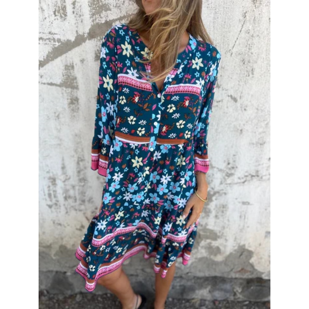 Damen Casual kleid Boho Chic Kleider Böhmen Brautkleider schlicht Boho Blumen Midikleid 3/4 Ärmel Hemdkragen Bedruckt Lockere Passform Urlaub Täglich Strand Marineblau Königliches Blau Purpur Sommer Lightinthebox