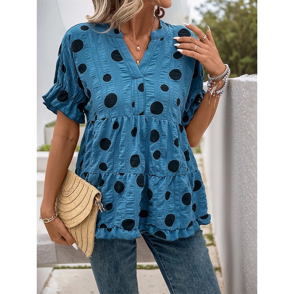 Damen Hemd Bluse Elegant Täglich Stilvoll Punkt Normale Oberteile Kurzarm V Ausschnitt Rüsche Regular Fit Täglich Festtage Ausgehen Blau Sommer Frühling Herbst Lightinthebox