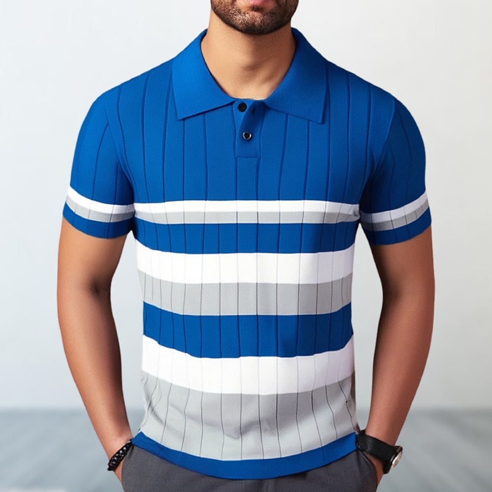 Herren Polos mit Knöpfen Rugby-Polo Casual Sport Kargen Kurzarm Modisch Basic Farbblock Streifen Patchwork Knopf Sommer Blau Polos mit Knöpfen Lightinthebox