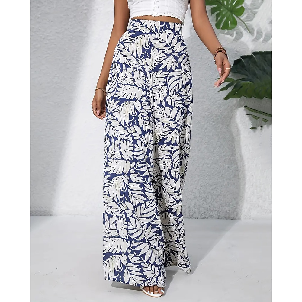 Damen Breites Bein Hosen Hose Leicht Brautkleider schlicht In voller Länge Mittlere Hüfthöhe Graphic Kokosnussbaum Print Atmungsaktivität Komfortabel Unelastisch Heim Casual Meerblau Hyazinth Lightinthebox