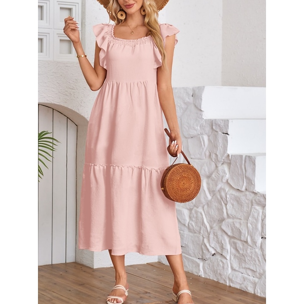 Damen Casual kleid Schaukelkleid A Linie Kleid Stilvoll Basic Brautkleider schlicht Glatt Maxidress Kurzarm Quadratischer Ausschnitt Rüsche Regular Fit Urlaub Täglich Rosa Beige Sommer Frühling Lightinthebox