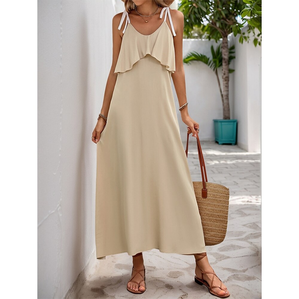 Damen Casual kleid skims dress Stilvoll Basic Brautkleider schlicht Glatt Maxidress Ärmellos V Ausschnitt Rüsche Regular Fit Urlaub Täglich Aprikose Sommer Frühling Lightinthebox