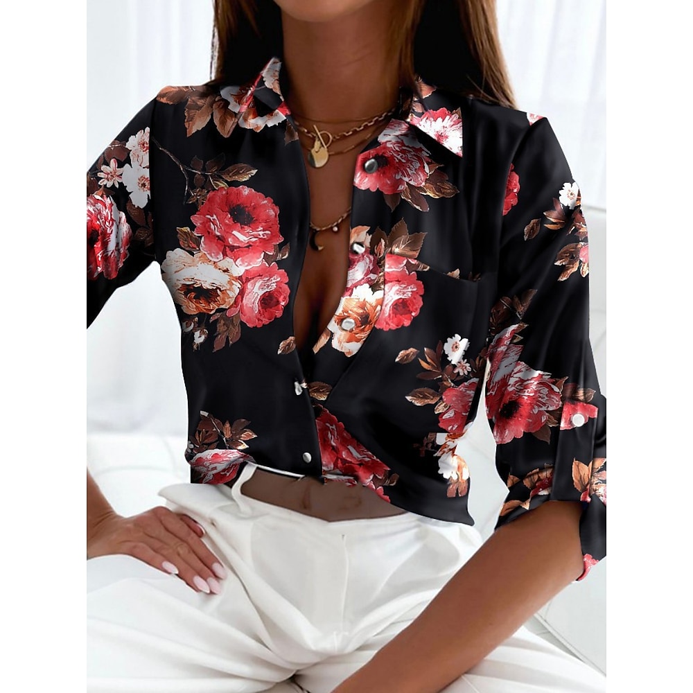 Damen Hemd Bluse Blumen Geometrisch Stilvoll Brautkleider schlicht Langarm Hemdkragen Normale Oberteile Täglich Knopf Bedruckt Schwarz Blau Grün Sommer Frühling Lightinthebox