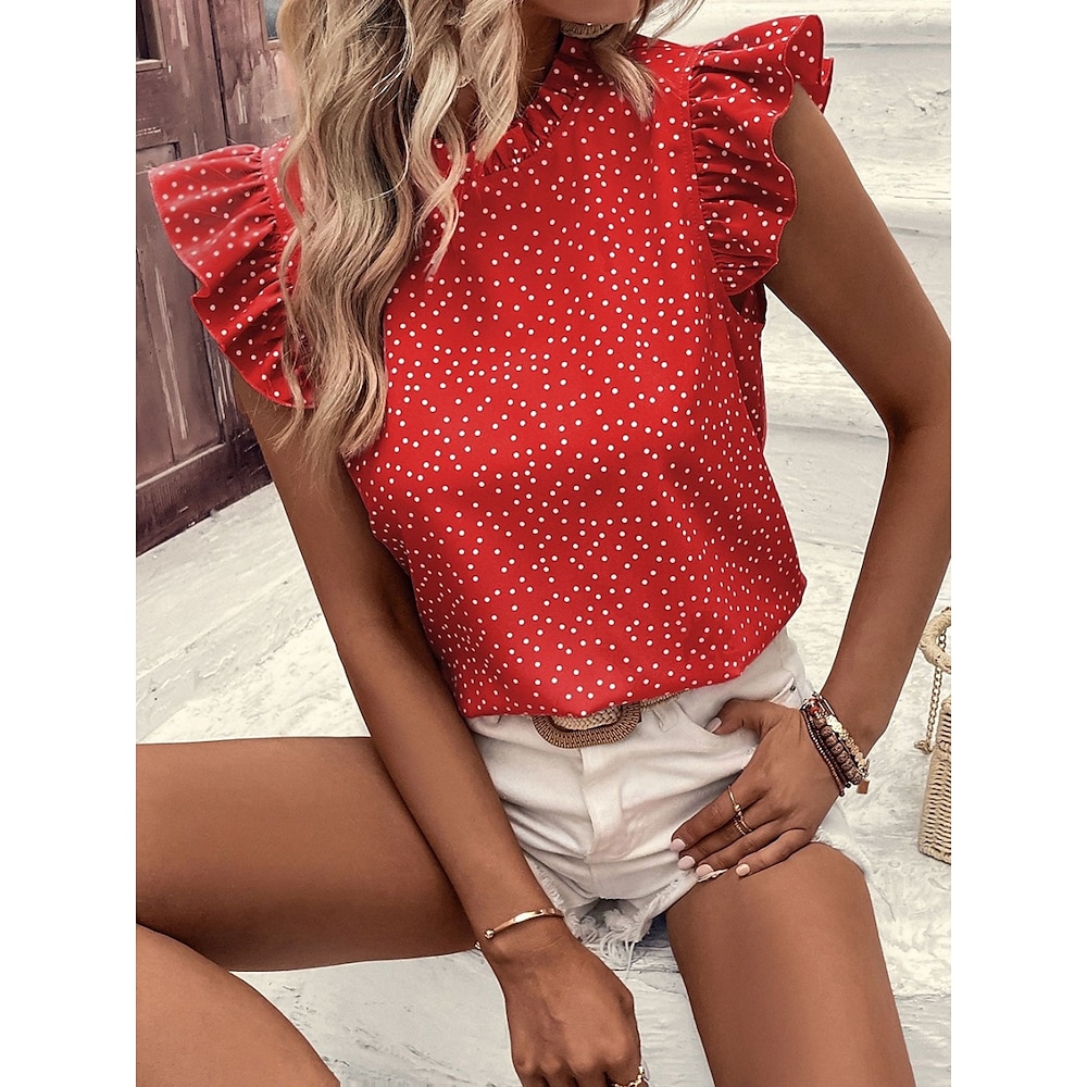 Damen Hemd Bluse Stilvoll Brautkleider schlicht Punkt Normale Oberteile Ärmellos Rollkragen Rüsche Bedruckt Regular Fit Täglich Rosa Rote Sommer Lightinthebox