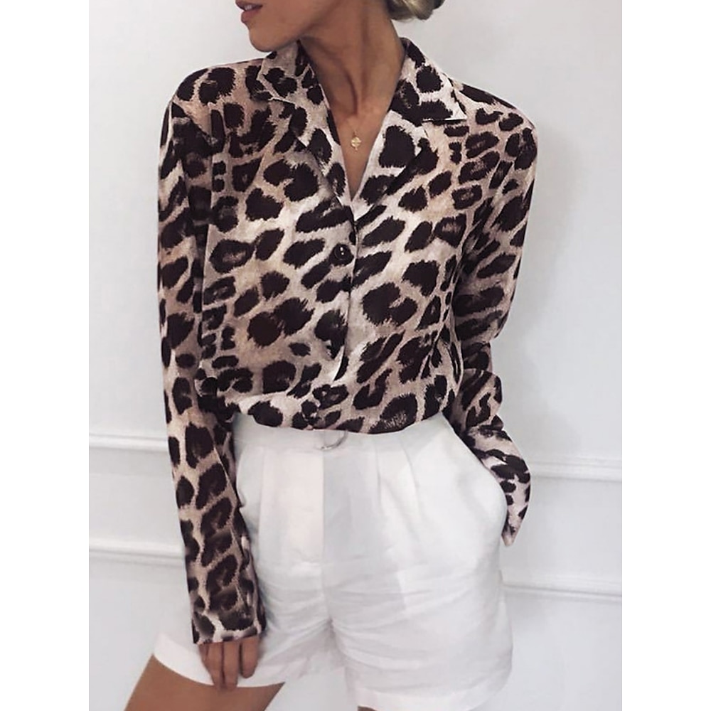 Damen Hemd Bluse Stilvoll Brautkleider schlicht Leopard Normale Oberteile Langarm Hemdkragen Knopf Bedruckt Regular Fit Täglich Weiß Rosa Braun Grau Sommer Frühling Lightinthebox